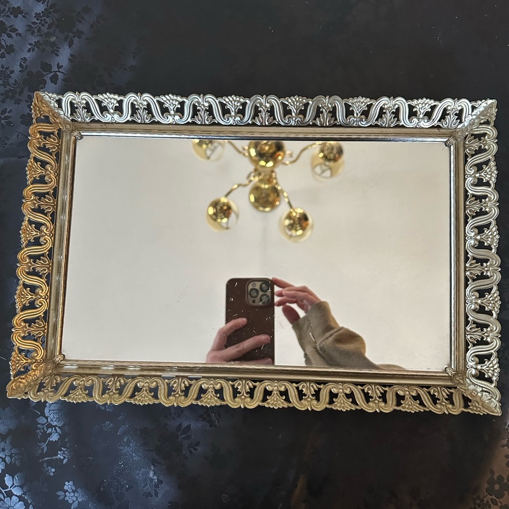Vintage Ornate Gold Rectangular Decorative Vanity Mirror Tray